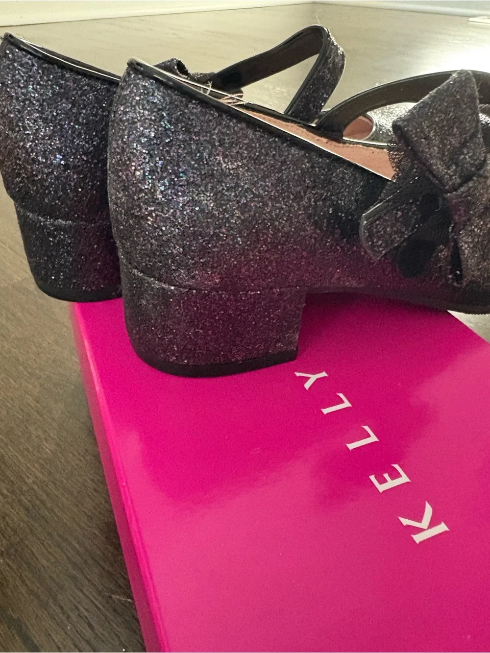 Kelly & Katie Girls' Black Glitter Mary Jane Heels with Bow Fiona - Size 2